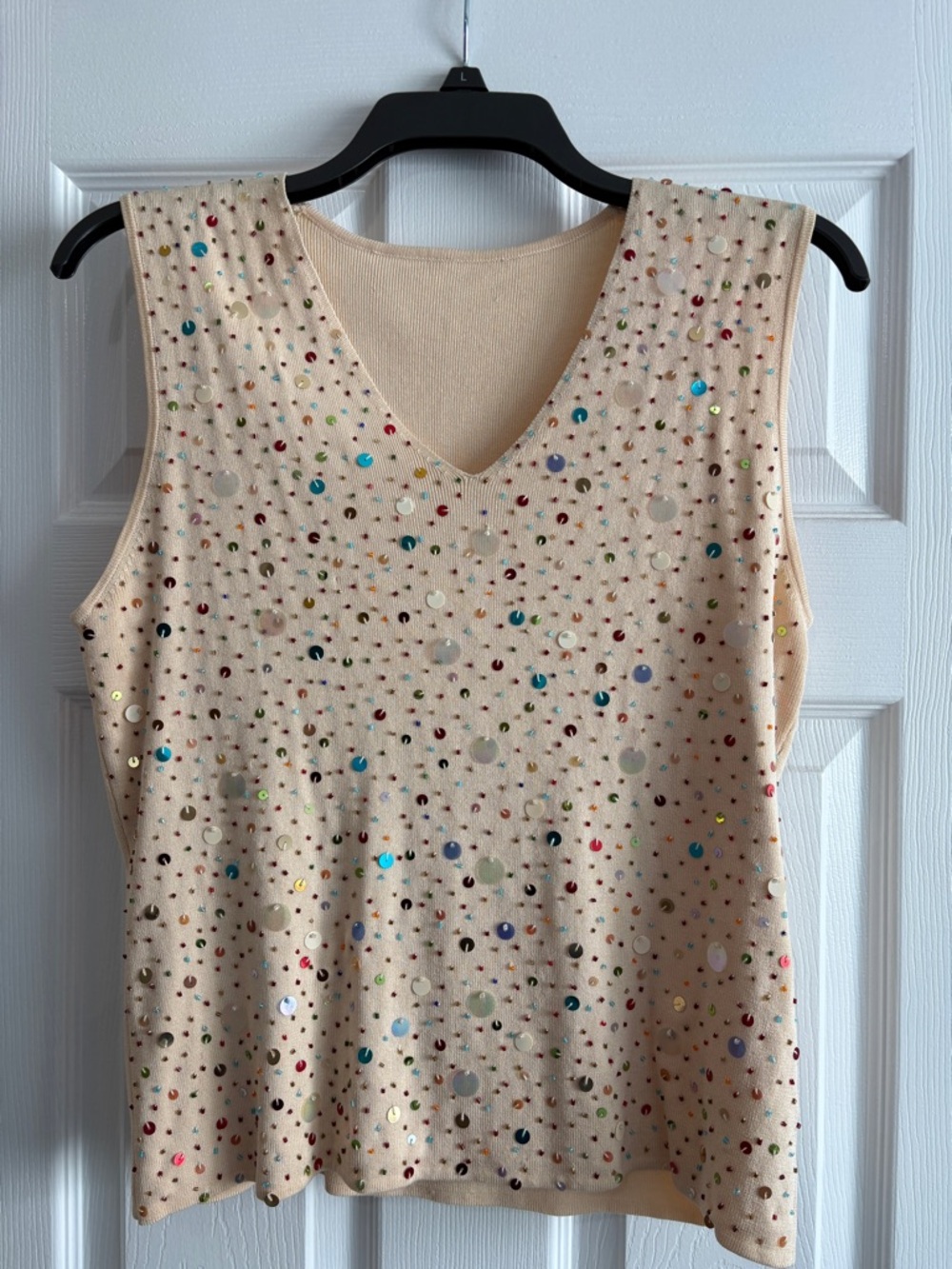 Beige V-Neck Sequin-Studded Tank Top